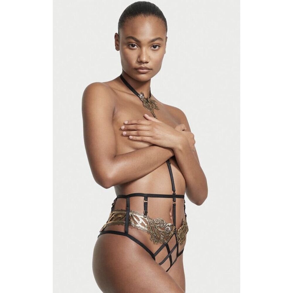 Victoria's Secret VERY SEXY Band of Lovers Harness Panty Black Gold Foil Sz M